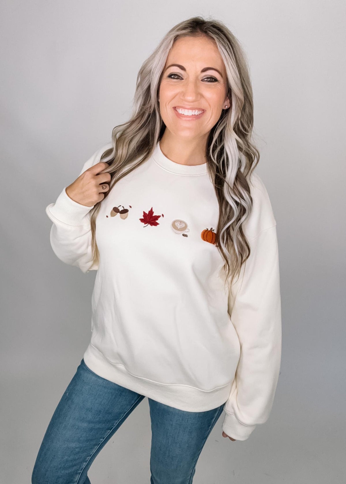 Cream Crew Neck Sweatshirt with Fall Icons
