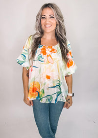 Colorful Floral Cream Satin Blouse