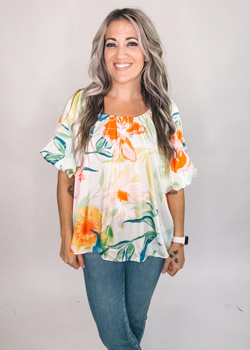 Colorful Floral Cream Satin Blouse