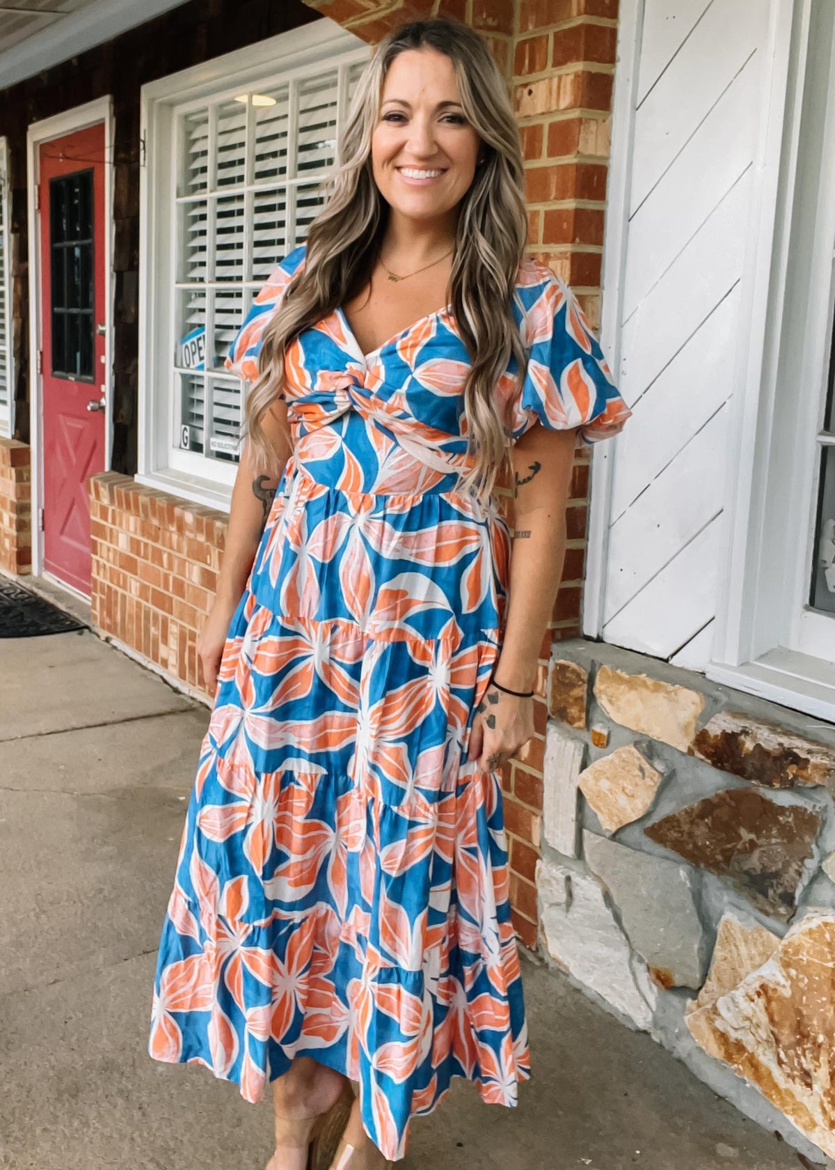 Blue and Peach Floral Puff Sleeve Maxi Large
