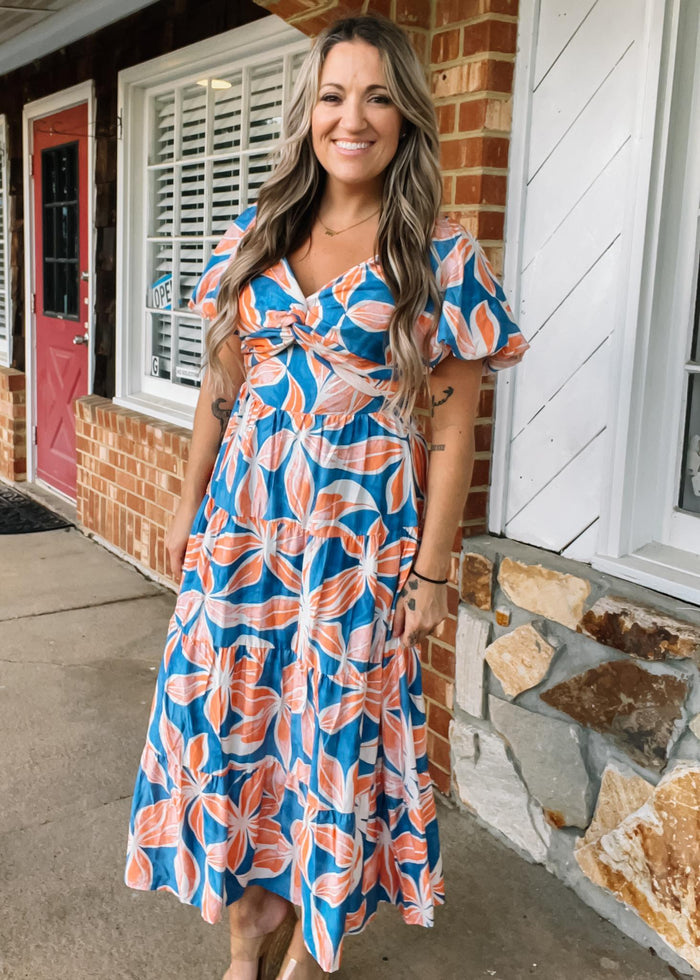 Blue and Peach Floral Puff Sleeve Maxi