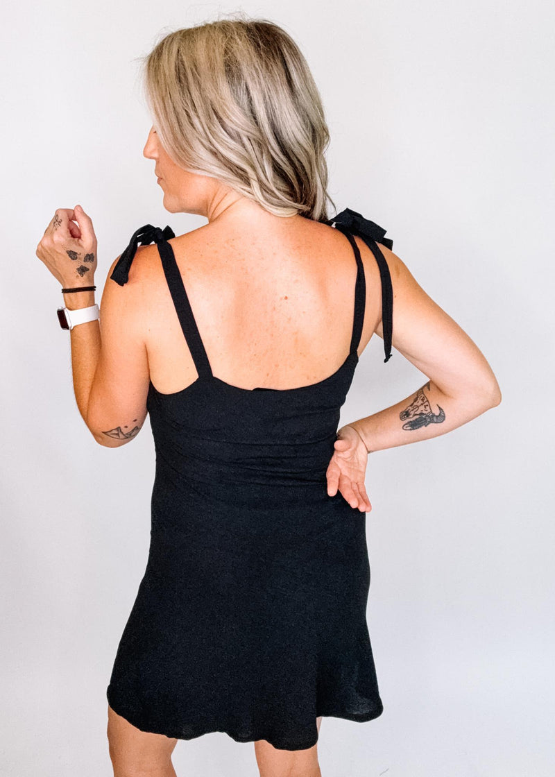 Solid V Neck Mini Dress with Tie Straps