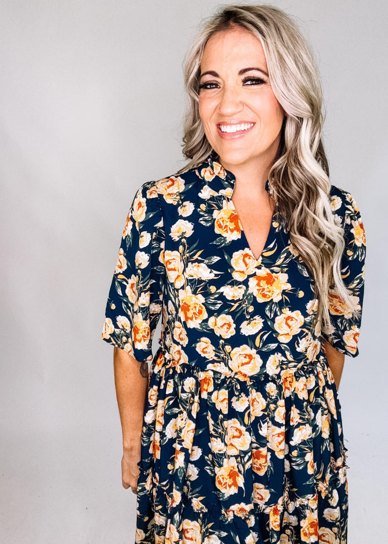 Navy Floral Tiered Dress with Side Pockets