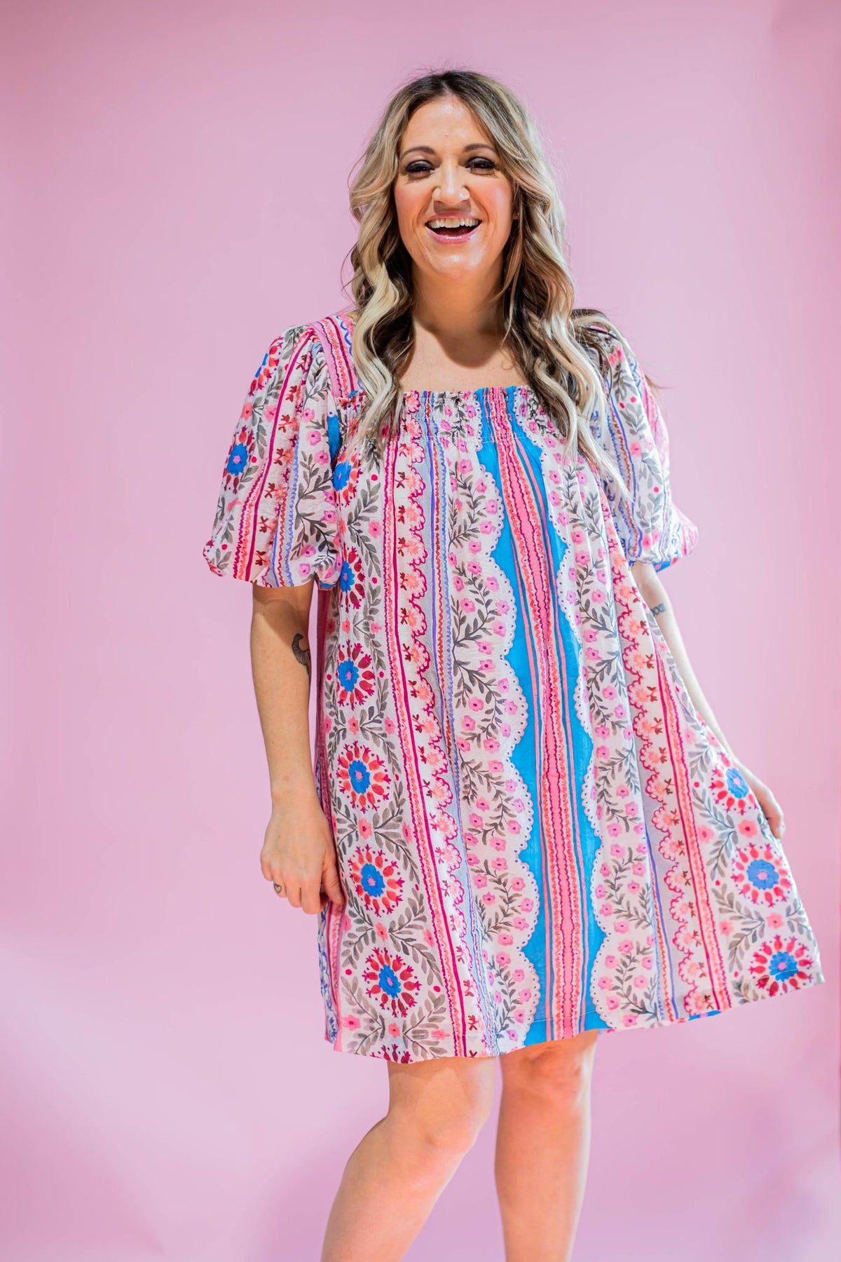 Blue and Pink Printed Mini Dress