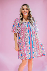 Blue and Pink Printed Mini Dress