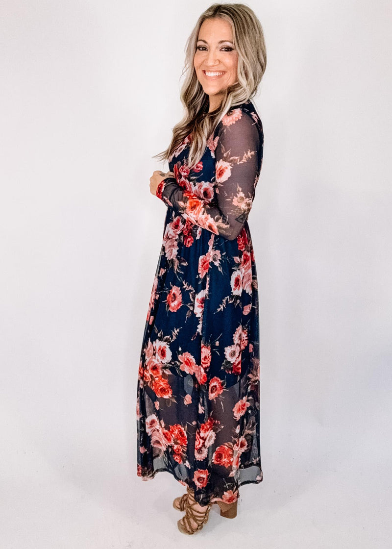 Navy Floral Mesh Long Sleeve Maxi Dress