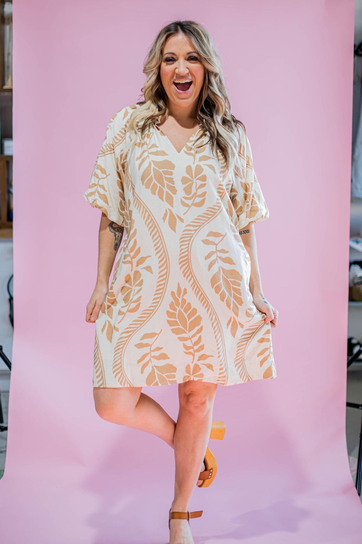 Latte Printed Puff Sleeve Mini Dress