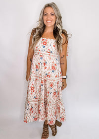 Cream Floral Printed Tie Strap Midi Dress