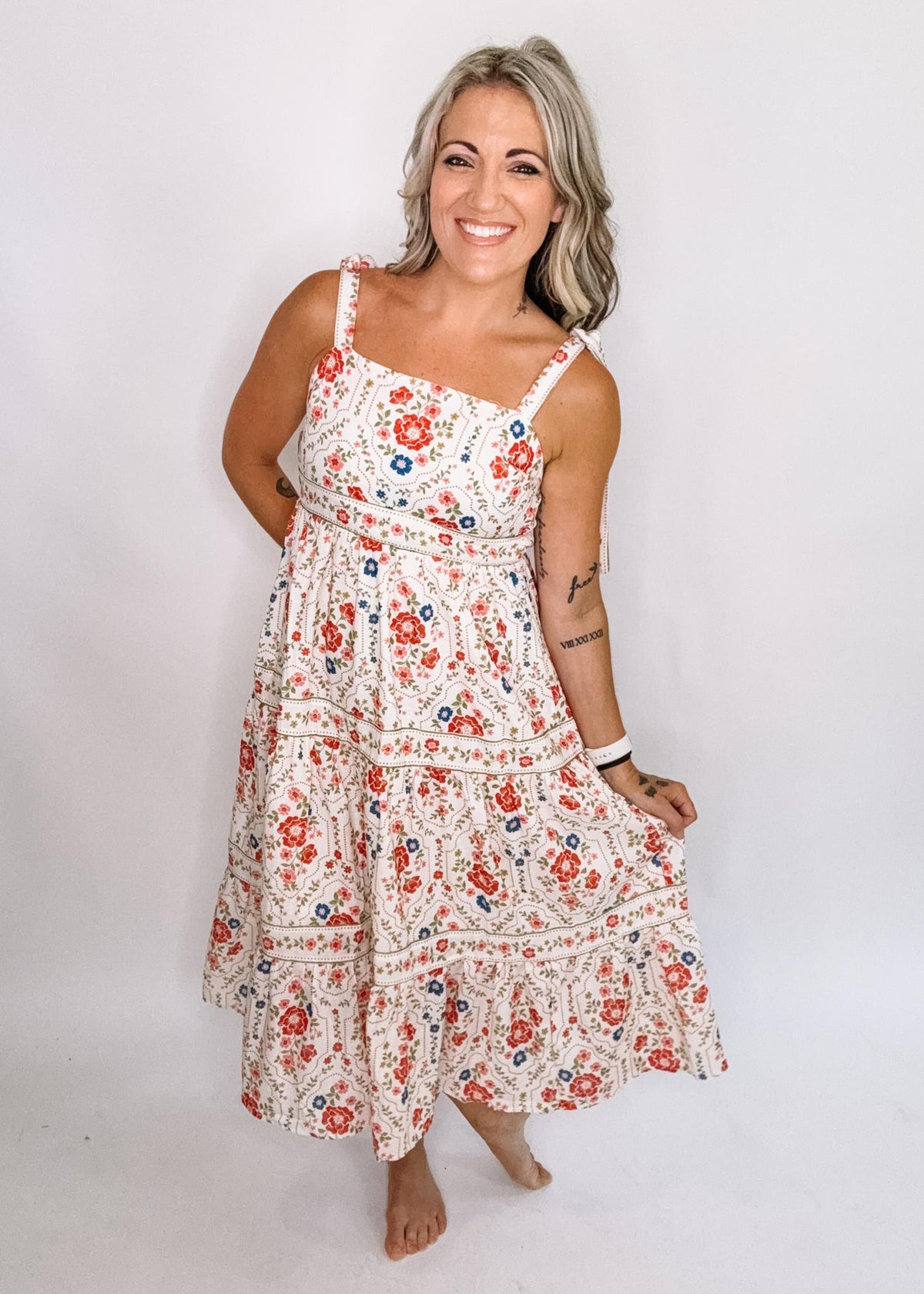 Cream Floral Printed Tie Strap Midi Dress