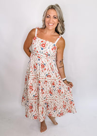 Cream Floral Printed Tie Strap Midi Dress