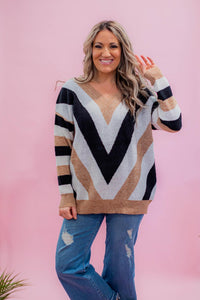 Neutral Chevron Chunky Knit Sweater
