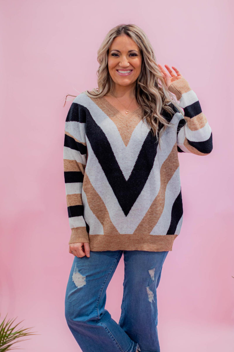 Neutral Chevron Chunky Knit Sweater