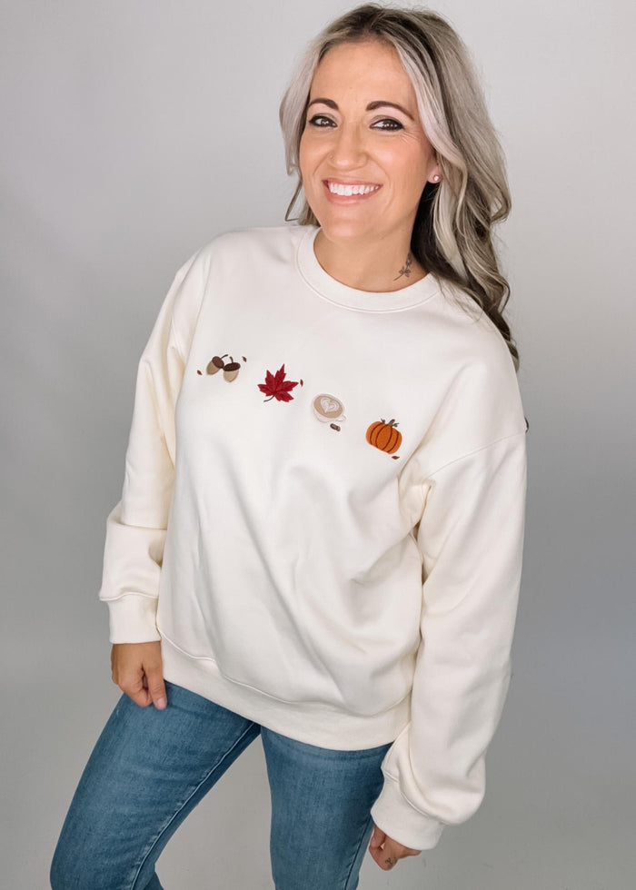 Cream Crew Neck Sweatshirt with Fall Icons
