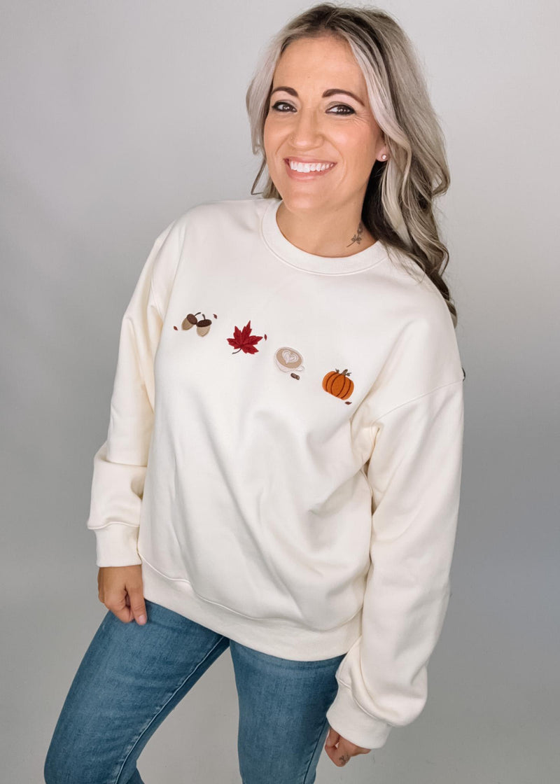 Cream Crew Neck Sweatshirt with Fall Icons