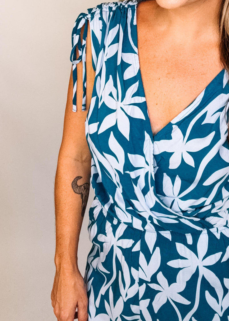 Tropical Print Romper with Tie Rouching Shoulder Detail