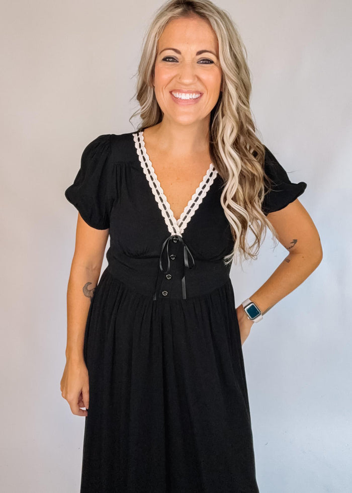 Contrast Lace Ribbon Trim Corset Midi Dress