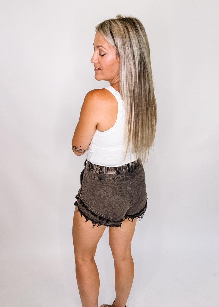 Vintage Wash Black Double Frey Hem Shorts