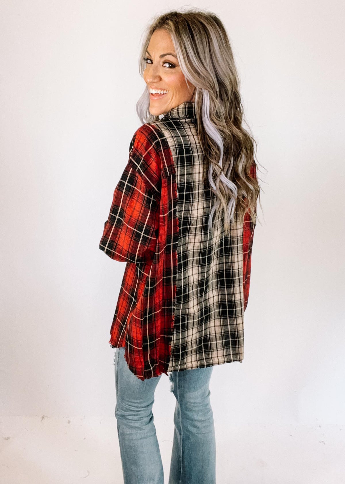 Mixed Flannel Long Sleeve Top