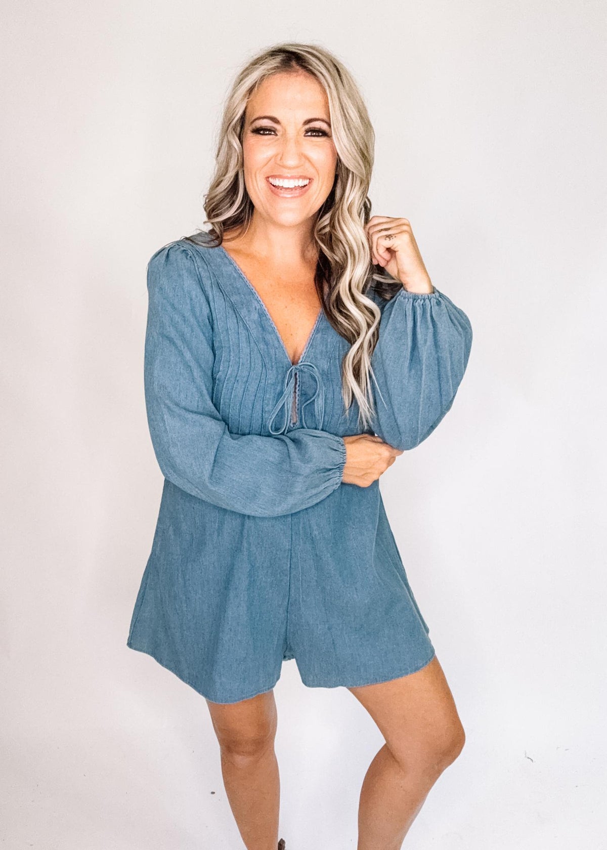 Denim Long Sleeve Pleated Romper – The Teal Eagle Boutique