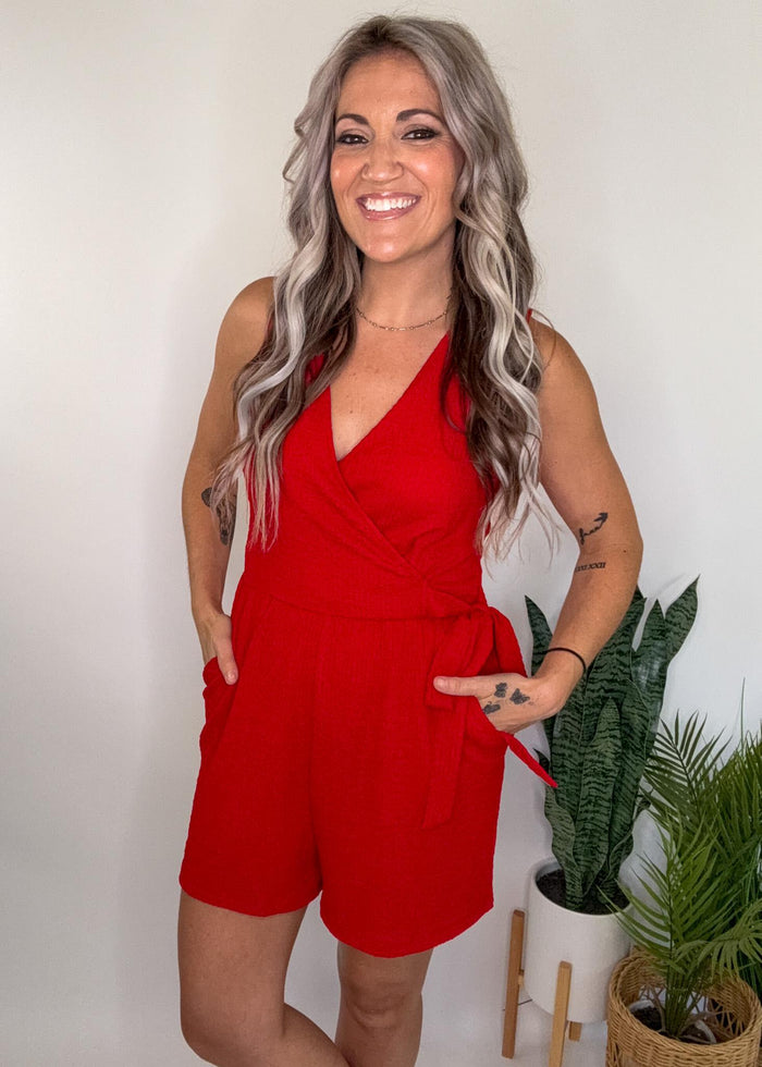 Red Faux Wrap Romper