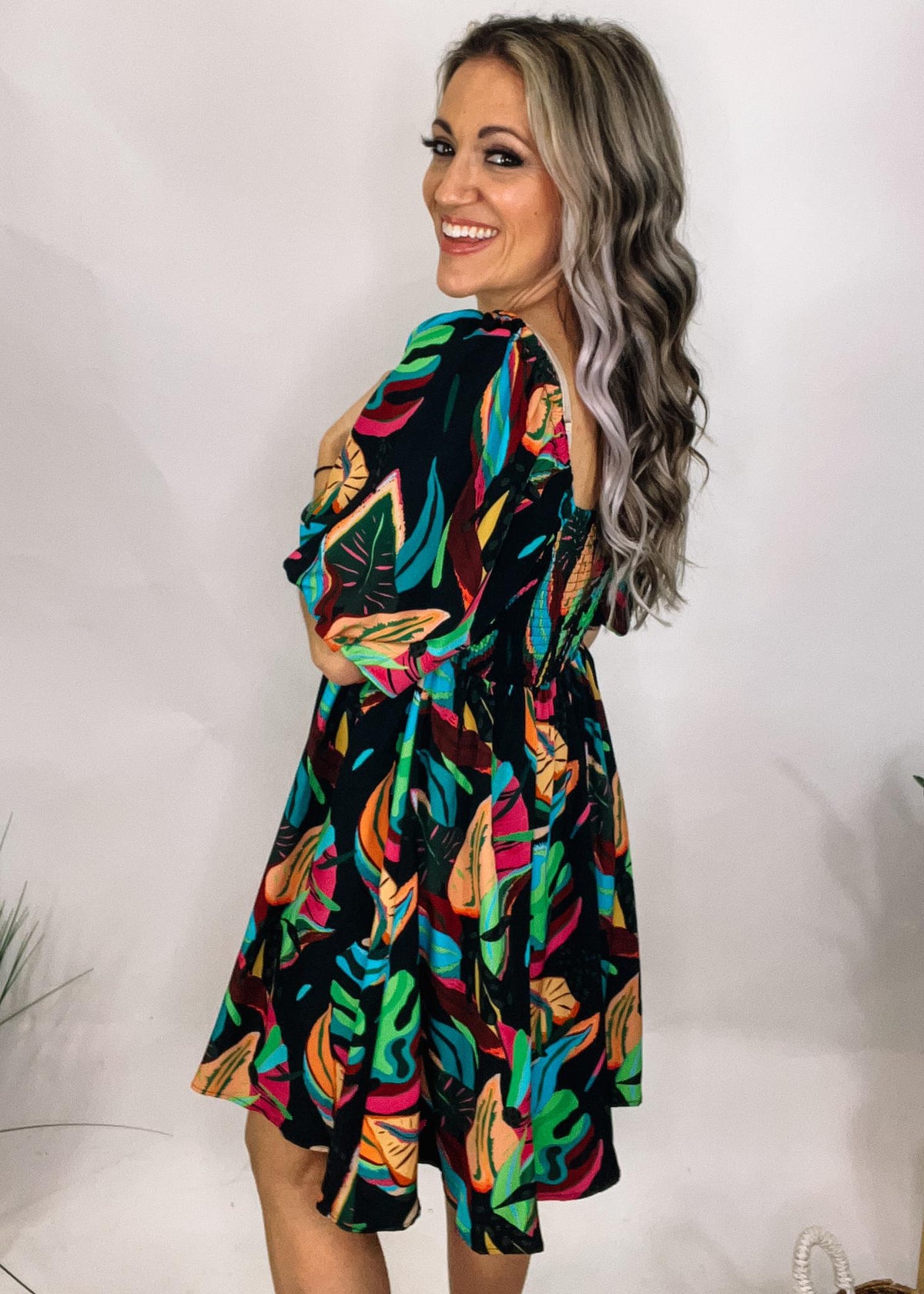 neon tropical dress Parisou Neon Pink Tropical Palm Beach Angled Hem Long Dress