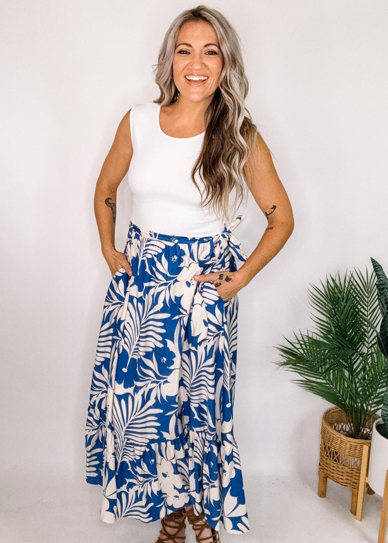 Sleeveless Knit Midi Dress with Blue Floral Skirt
