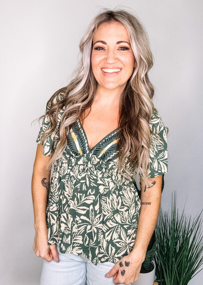 Green Strappy Back Printed Blouse