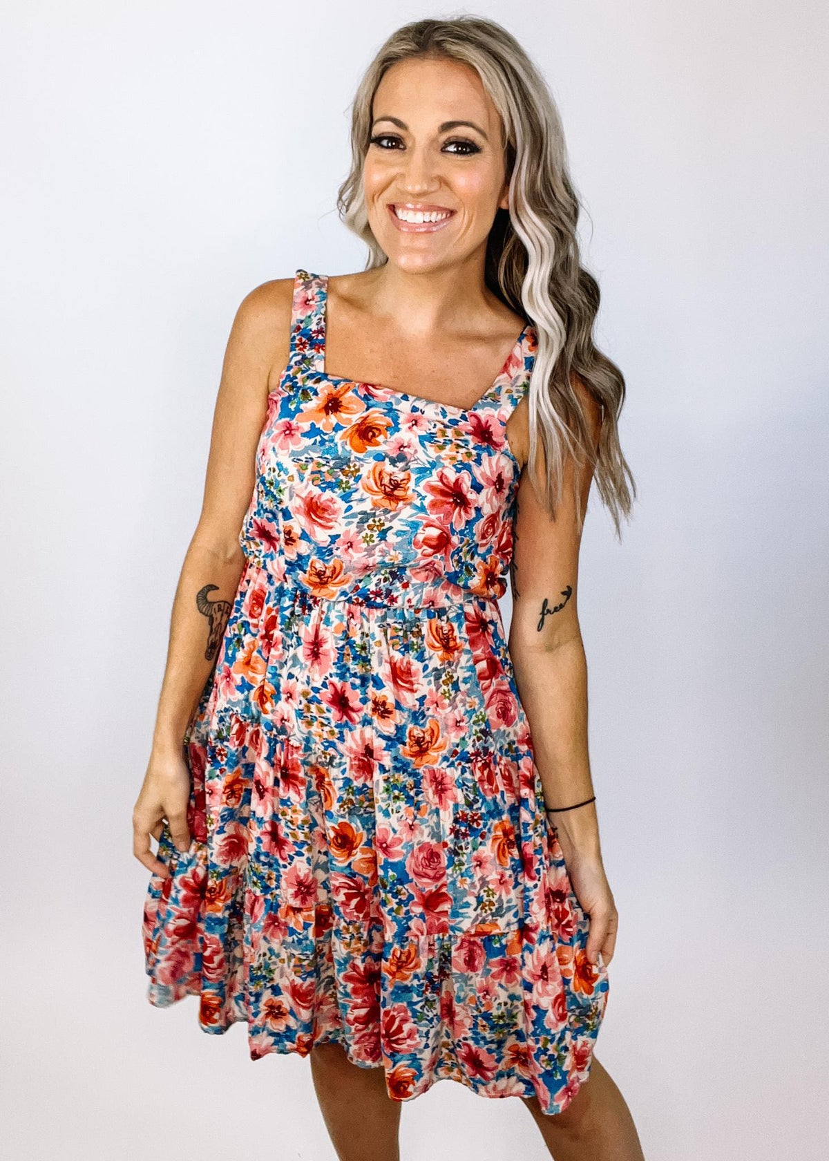 Squared Neck Floral Midi Dress