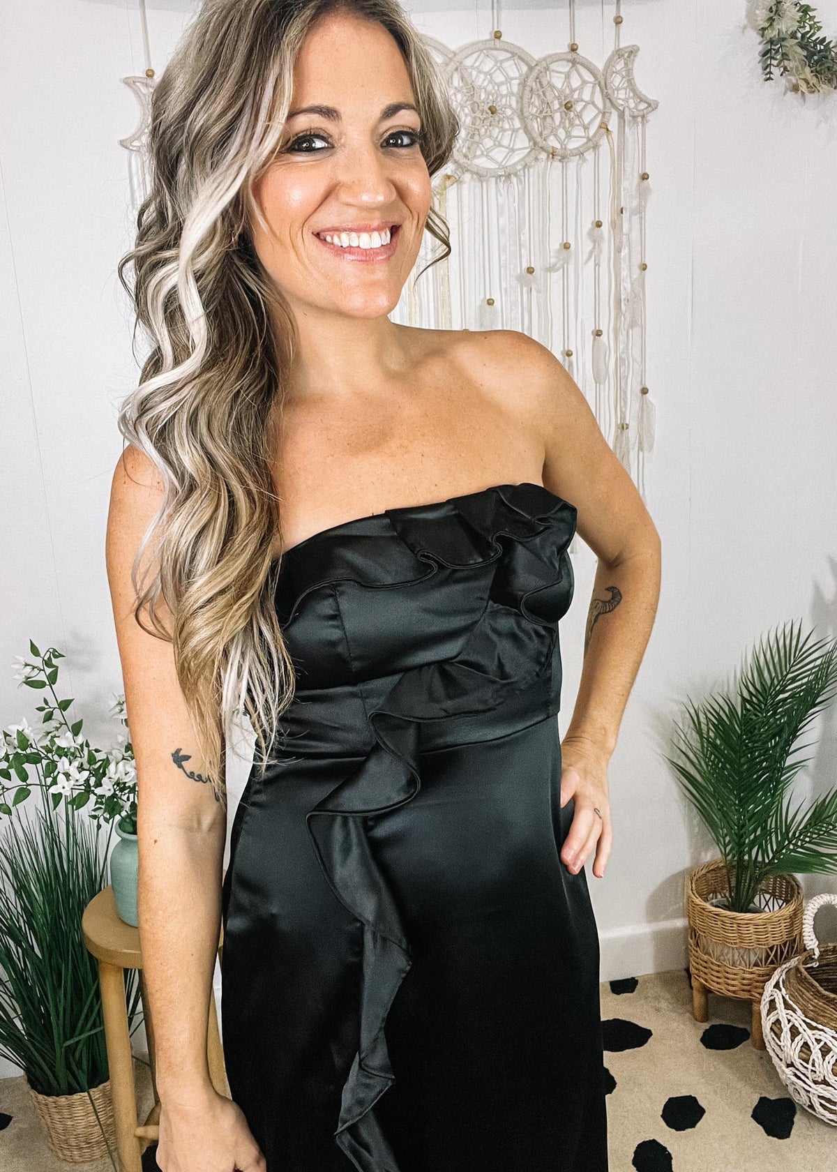 Audrey Black Satin Ruffle Midi Dress The Teal Eagle Boutique Audrey Black Satin Ruffle Midi Dress The Teal Eagle Boutique