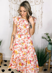 Peach and Pink Floral Smocked Midi Dress