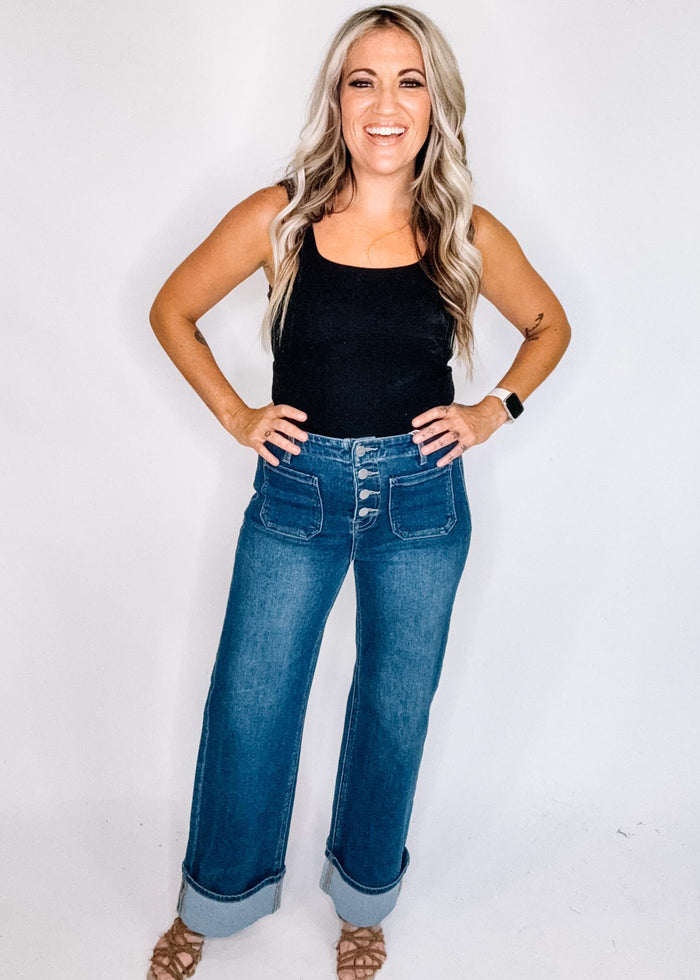 Risen High Rise Button Down Front Patch Pocket Cuffed Jeans