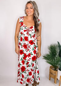 Red Floral Tie Front Midi Dress