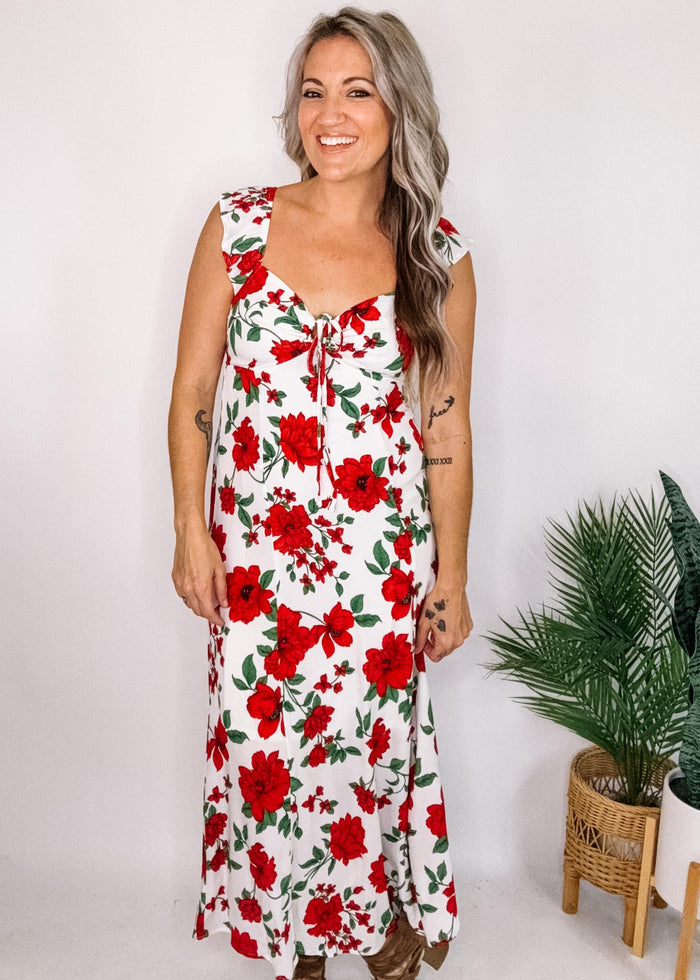 Red Floral Tie Front Midi Dress