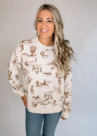 Western Print Crew Neck Long Sleeve Top