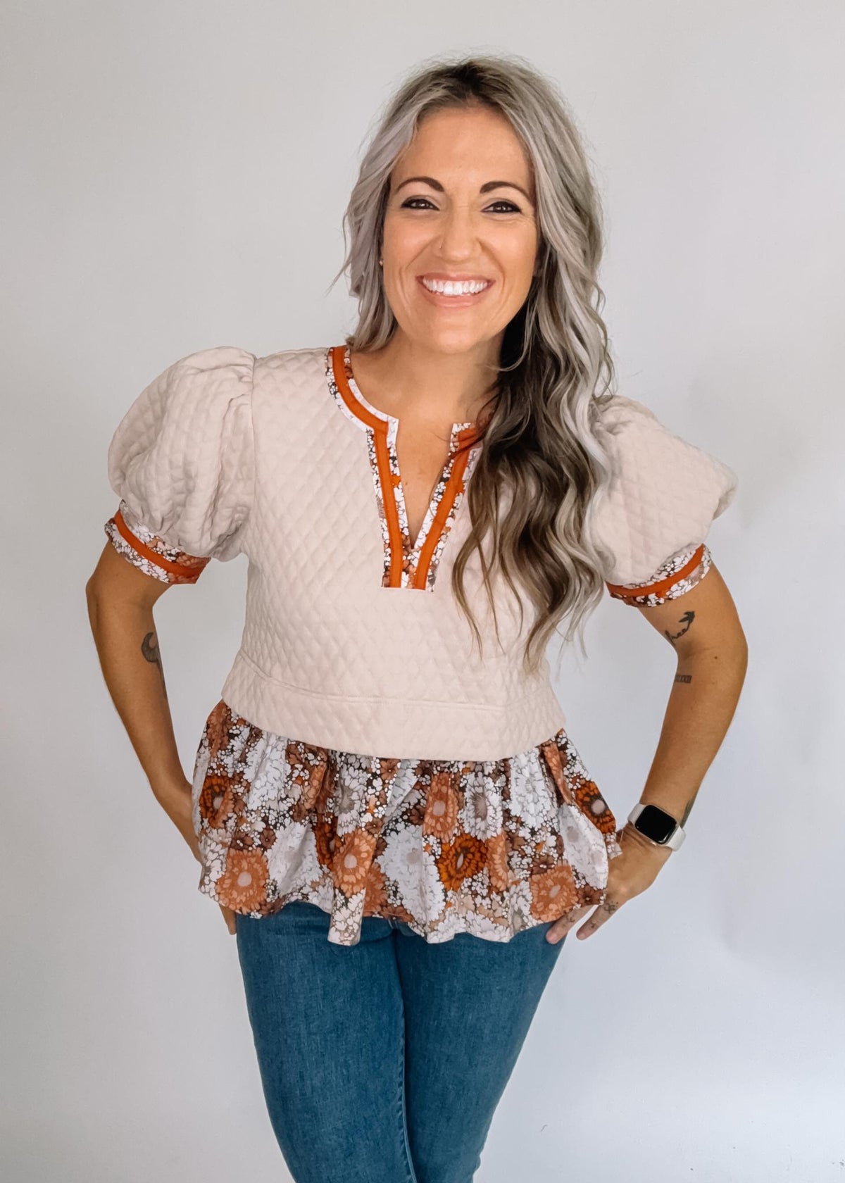 Taupe and Floral Peplum