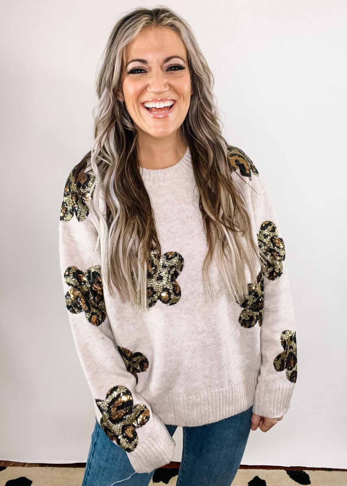 Sequin Daisy Leopard Flower Patch Sweater