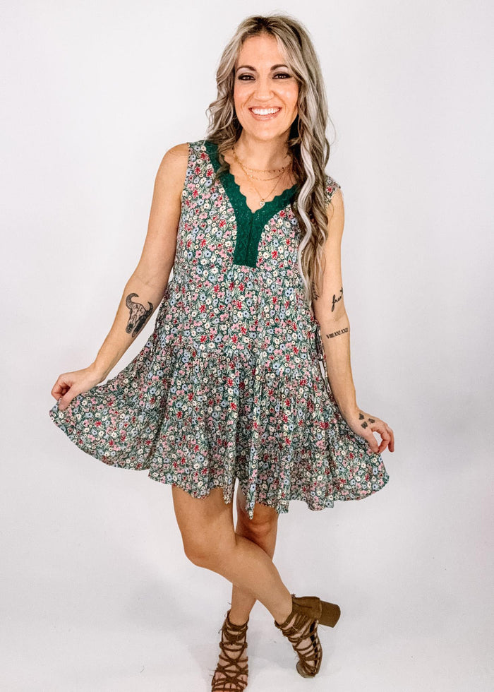 Green Lace Trim Floral Sleeveless Mini Dress