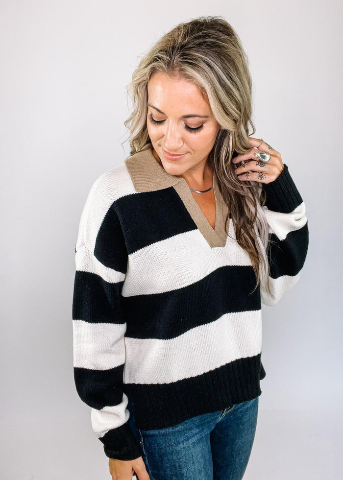 Chunky Stripe Knit Sweater with Collar