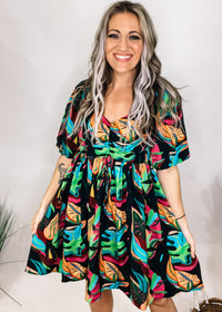 Neon Tropical Print Puff Sleeve Dress