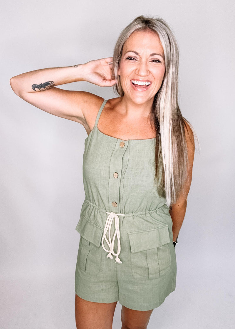 Sage Linen Romper with Rope Tie Waste