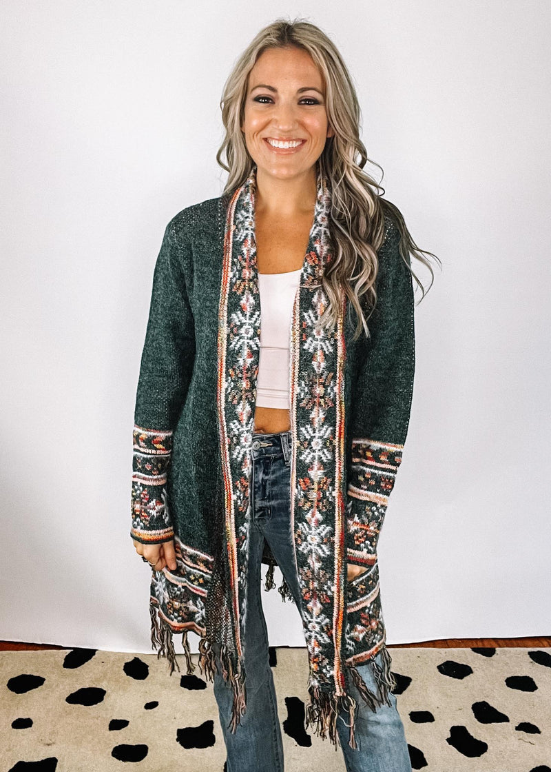 Green Fringed Hem Cardigan Duster