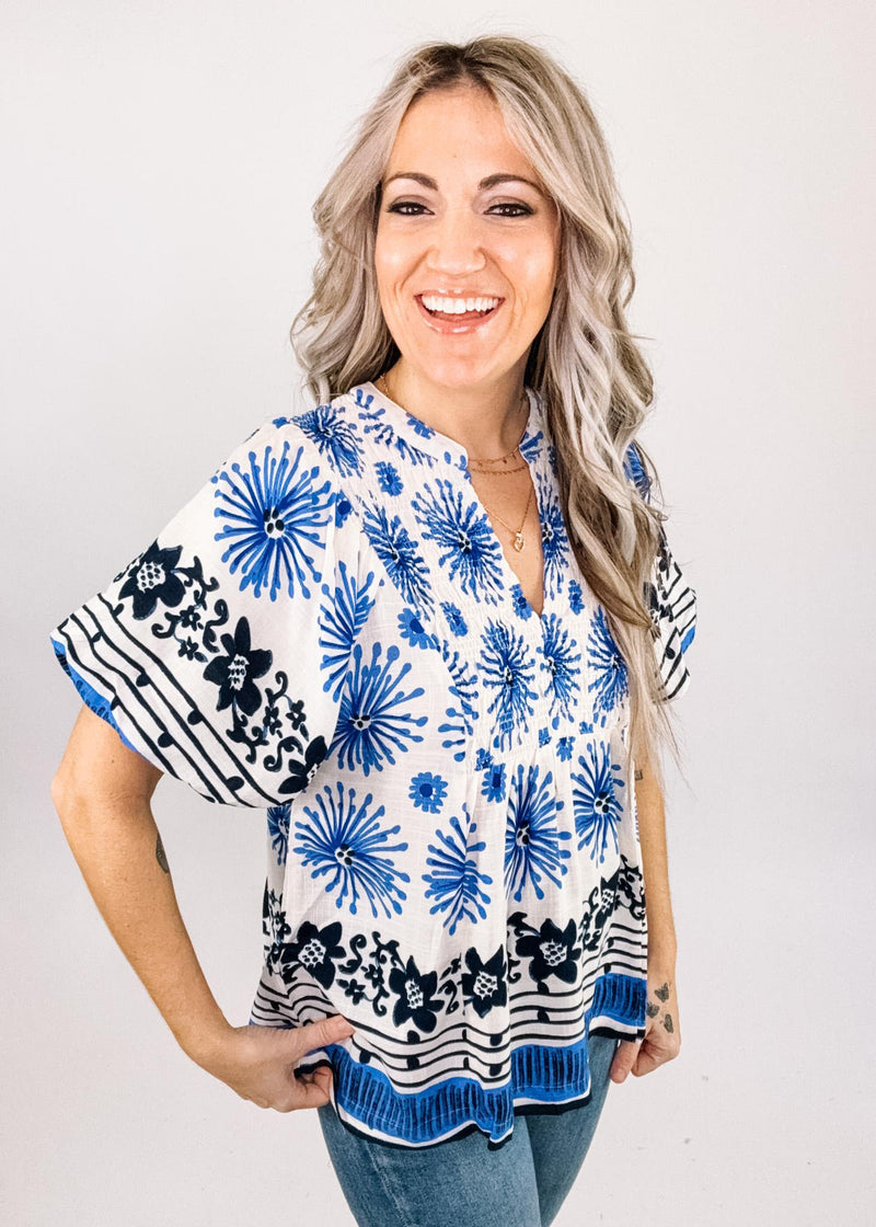 Blue and Ivory Peplum Style Blouse