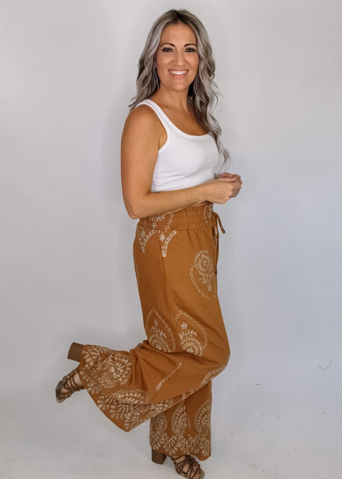 Caramel Embroidered Wide Leg Pants