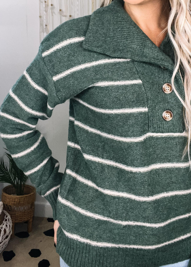 Front Button Striped Pullover with Collar