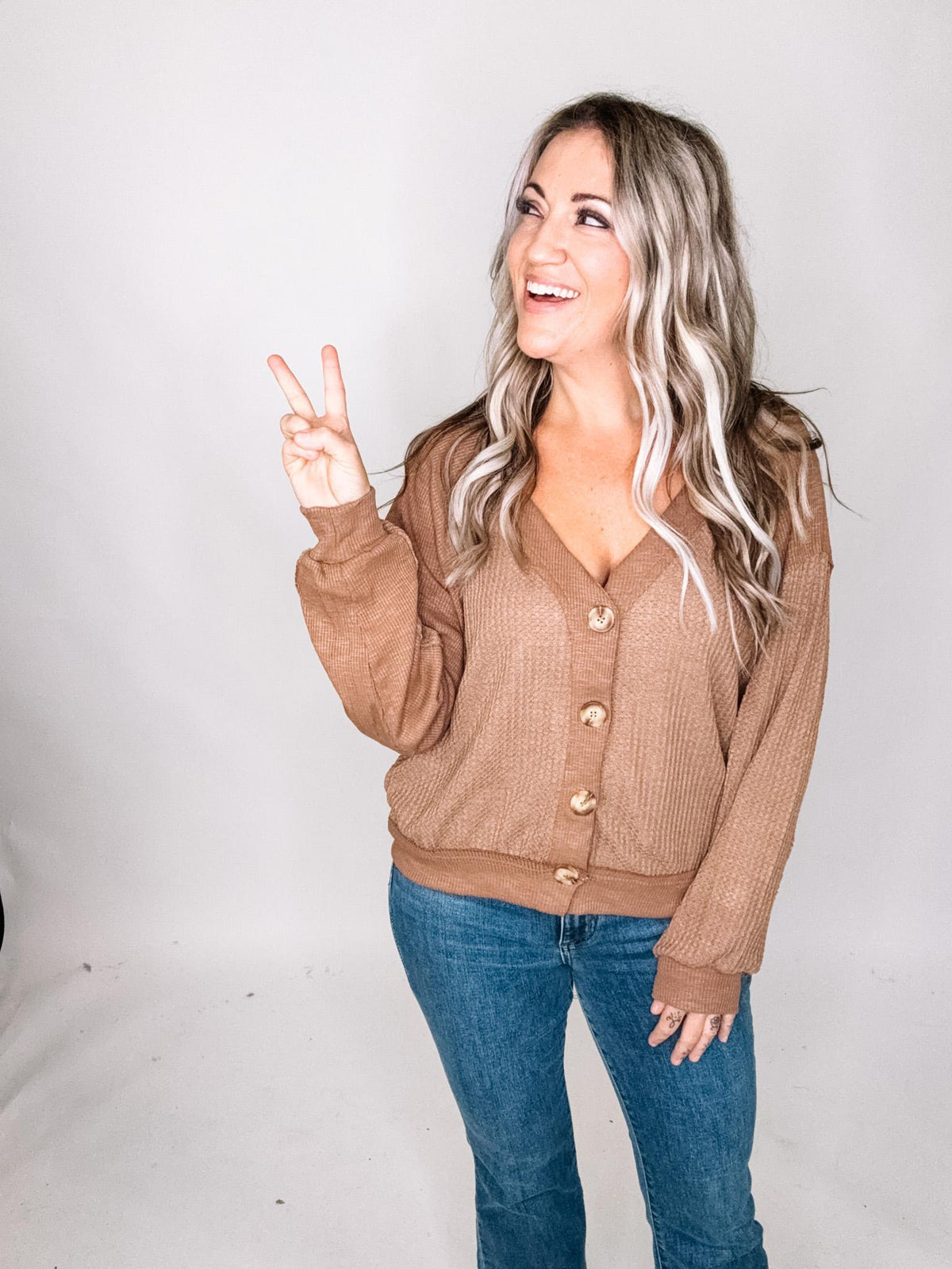 Contrasting Texture Cardigan with Buttons