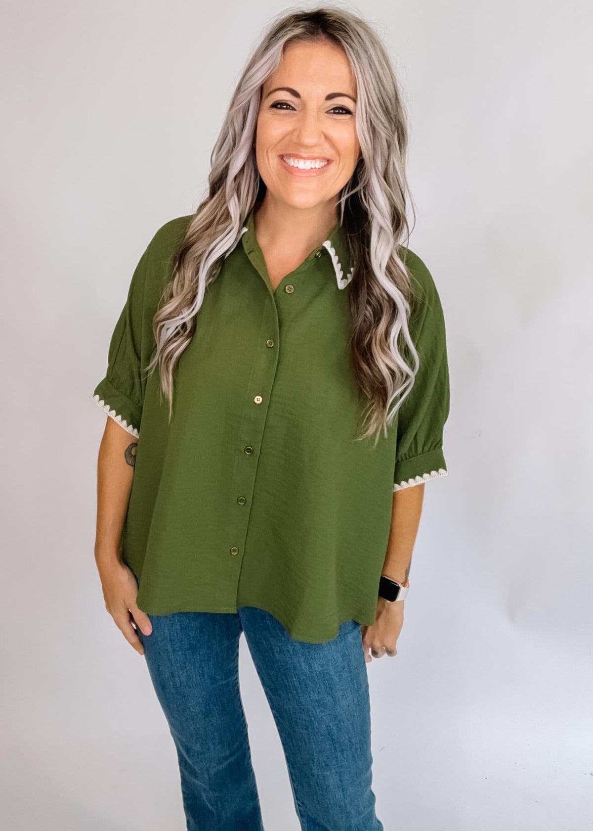 Olive Embroidered Trim Poncho Top