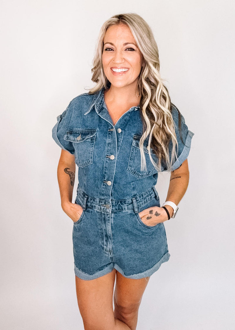 Denim Mineral Washed Button Down Romper