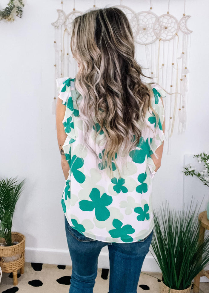 Green and Ivory Floral Chiffon Blouse
