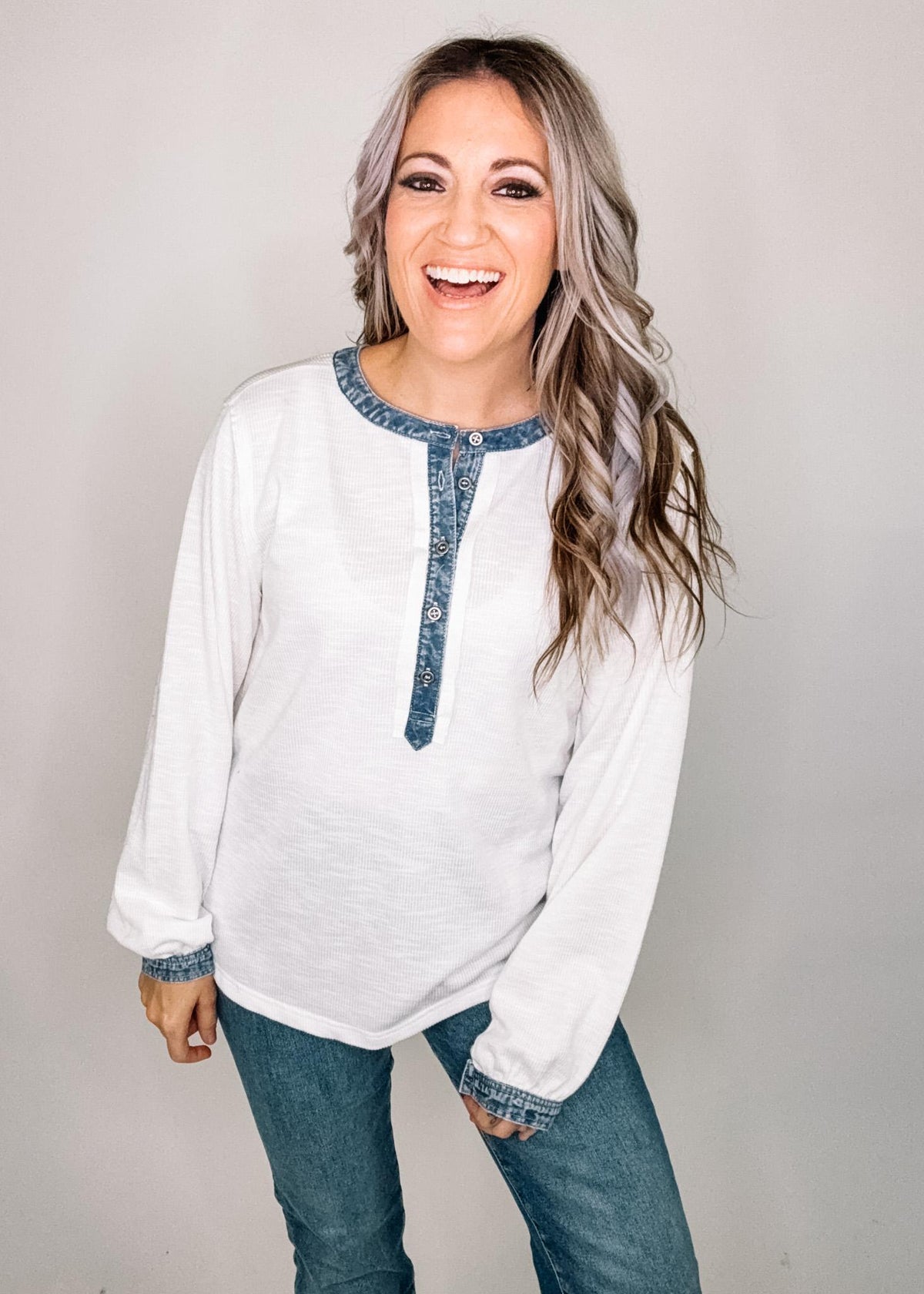White Ribbed Denim Trim Long Sleeve