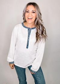 White Ribbed Denim Trim Long Sleeve